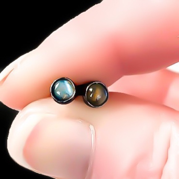 Oxidized Black 925 Sterling Silver Genuine Labradorite Gemstone Stud Earrings - Picture 7 of 10